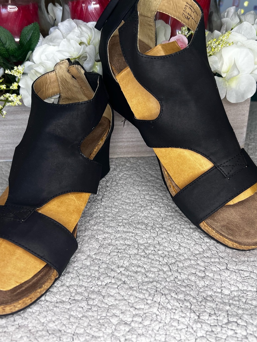 Adrienne Vittadini Black Cutout Wedge Sandals with Tan Footbed